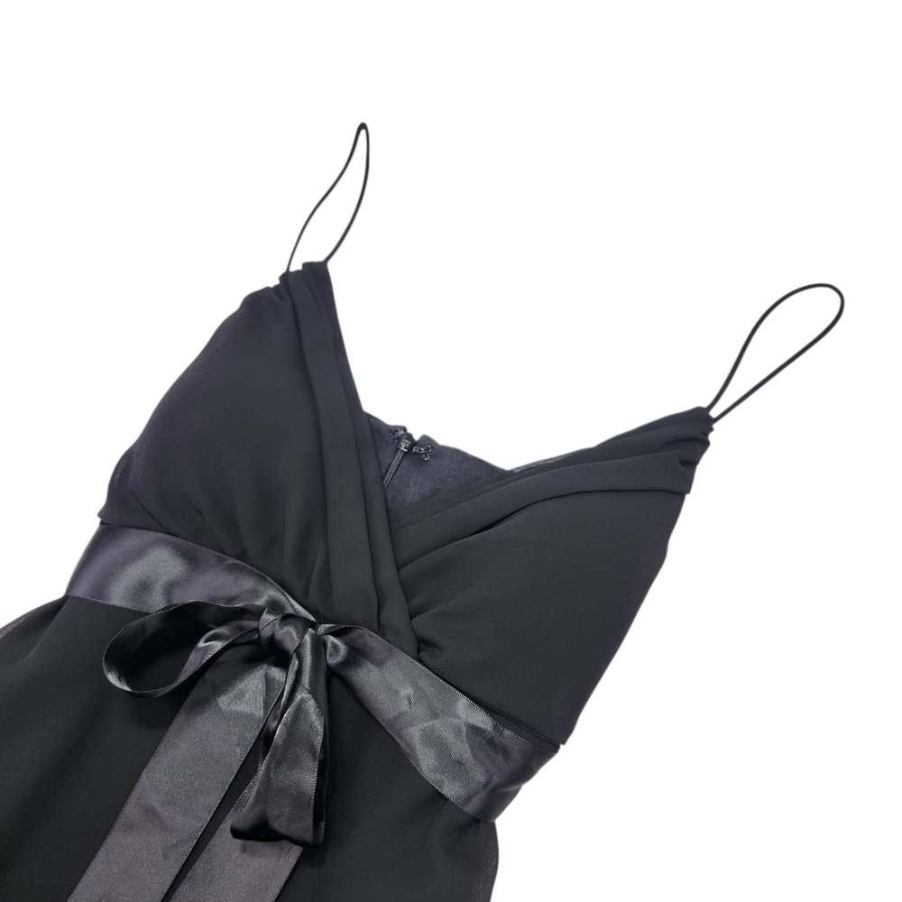 Jump Apparel 90s/Y2k Black Empire Waist Knee Length Dress Satin Bow Flowy Prom - Picture 3 of 10